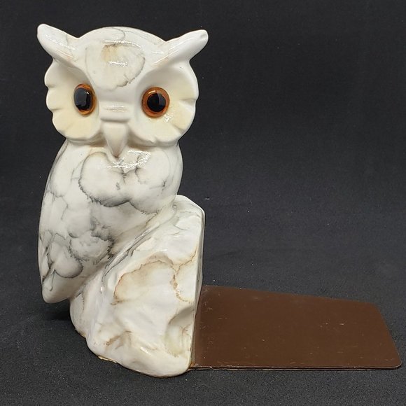 Unknown Other - Ceramic White Gray Marble Style Owl Bookend